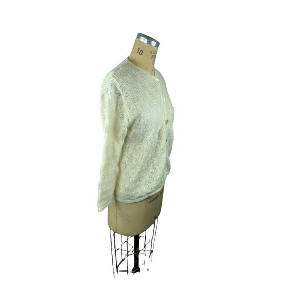 1960s white mohair cardigan sweater pointelle knit Size M/L - Picture 3 of 6
